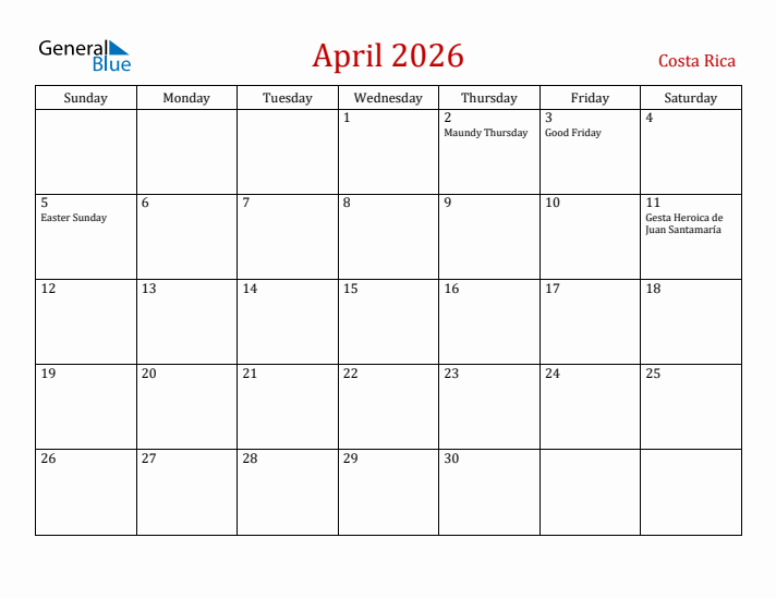 Costa Rica April 2026 Calendar - Sunday Start