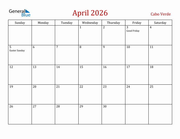 Cabo Verde April 2026 Calendar - Sunday Start