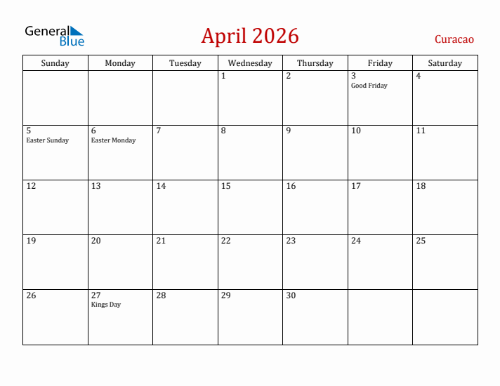 Curacao April 2026 Calendar - Sunday Start