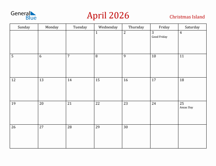 Christmas Island April 2026 Calendar - Sunday Start