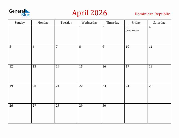 Dominican Republic April 2026 Calendar - Sunday Start