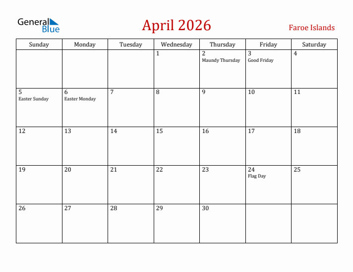Faroe Islands April 2026 Calendar - Sunday Start