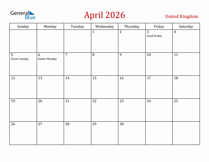 United Kingdom April 2026 Calendar - Sunday Start