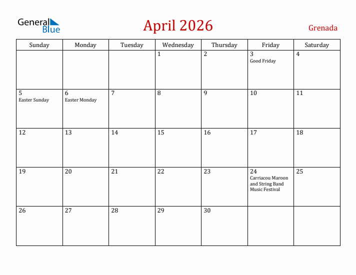 Grenada April 2026 Calendar - Sunday Start