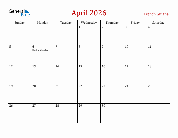 French Guiana April 2026 Calendar - Sunday Start