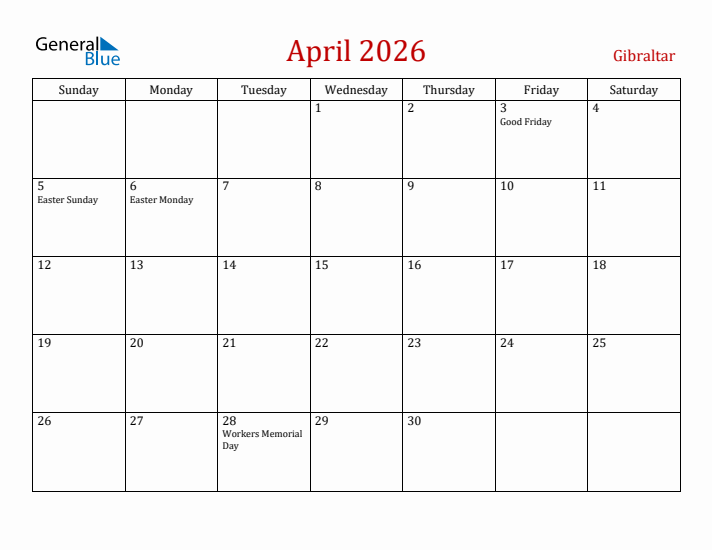 Gibraltar April 2026 Calendar - Sunday Start
