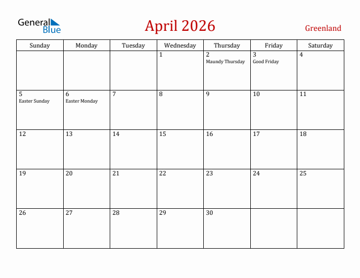 Greenland April 2026 Calendar - Sunday Start