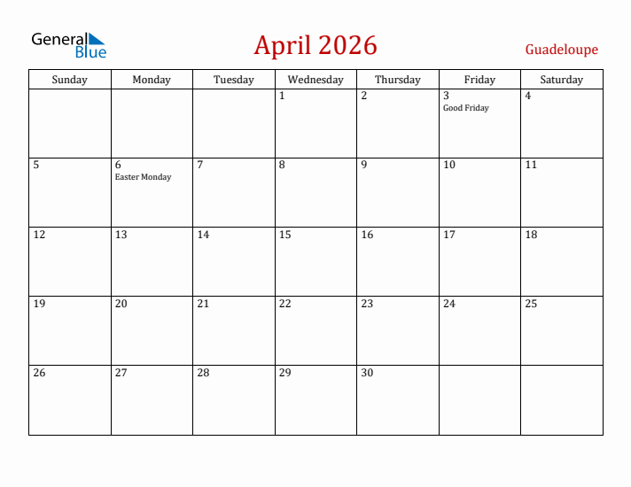 Guadeloupe April 2026 Calendar - Sunday Start