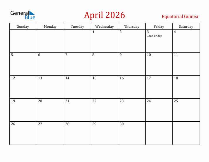Equatorial Guinea April 2026 Calendar - Sunday Start