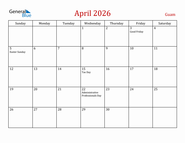 Guam April 2026 Calendar - Sunday Start