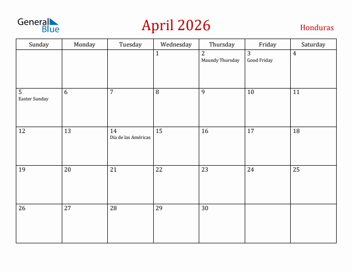 Honduras April 2026 Calendar - Sunday Start