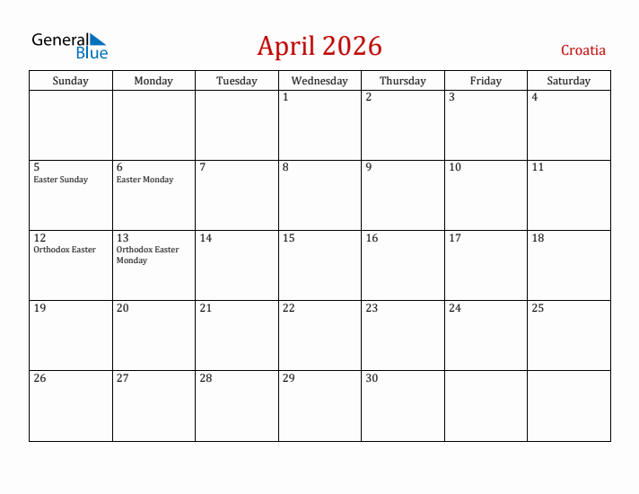 Croatia April 2026 Calendar - Sunday Start