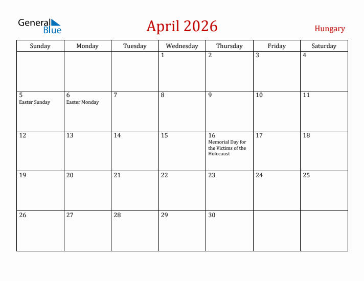 Hungary April 2026 Calendar - Sunday Start