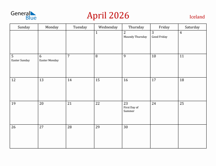Iceland April 2026 Calendar - Sunday Start