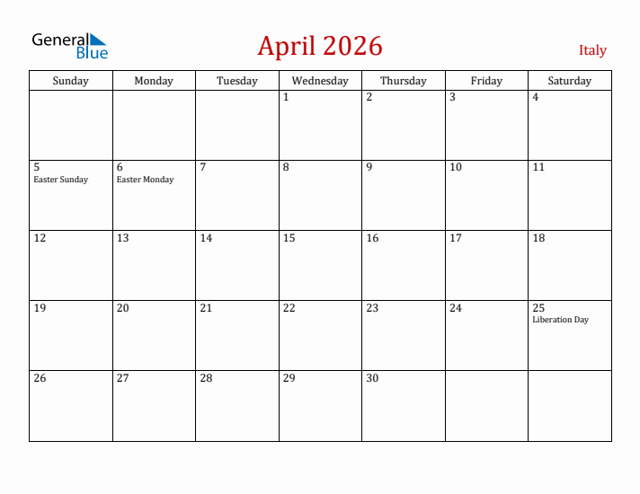 Italy April 2026 Calendar - Sunday Start