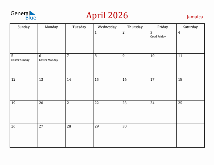 Jamaica April 2026 Calendar - Sunday Start
