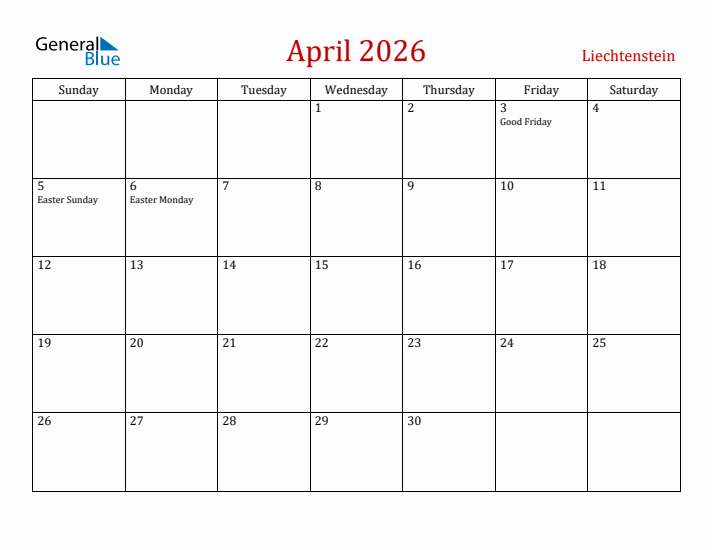 Liechtenstein April 2026 Calendar - Sunday Start