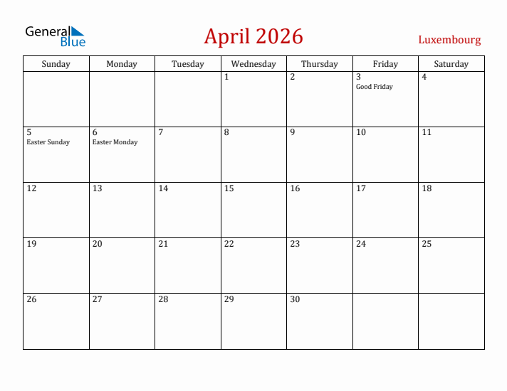 Luxembourg April 2026 Calendar - Sunday Start