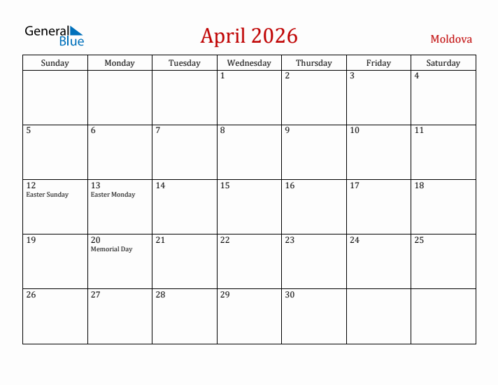 Moldova April 2026 Calendar - Sunday Start