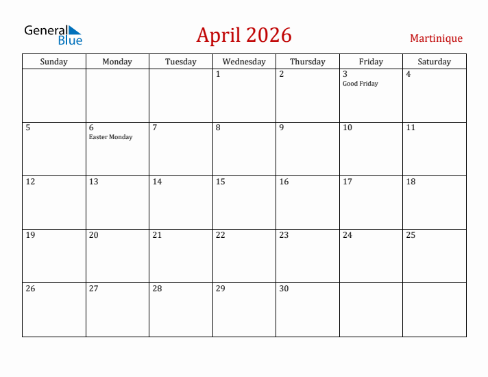 Martinique April 2026 Calendar - Sunday Start