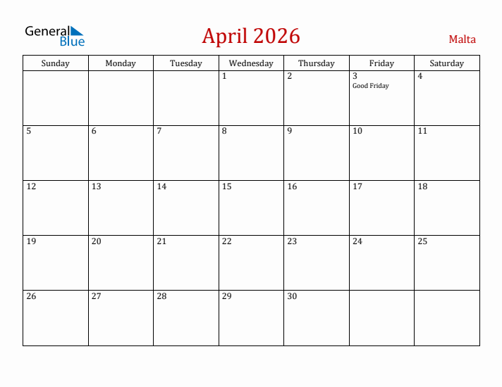 Malta April 2026 Calendar - Sunday Start