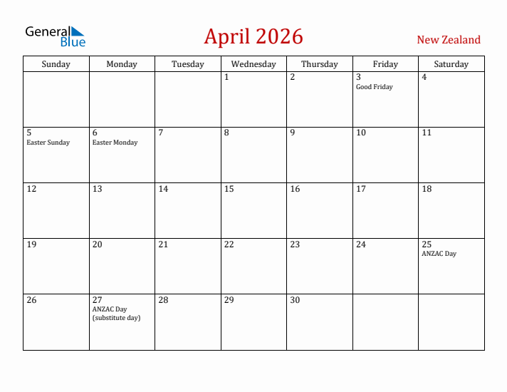 New Zealand April 2026 Calendar - Sunday Start