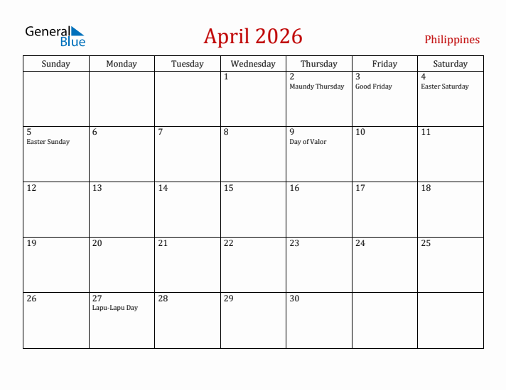 Philippines April 2026 Calendar - Sunday Start