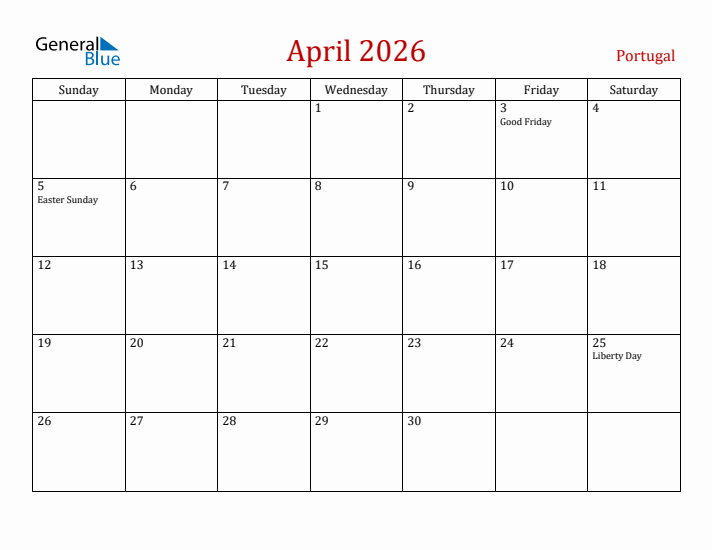 Portugal April 2026 Calendar - Sunday Start