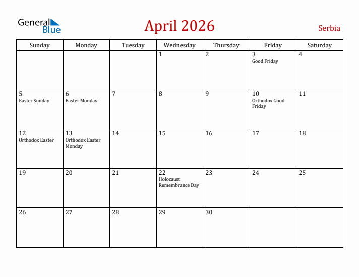 Serbia April 2026 Calendar - Sunday Start
