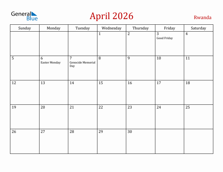 Rwanda April 2026 Calendar - Sunday Start