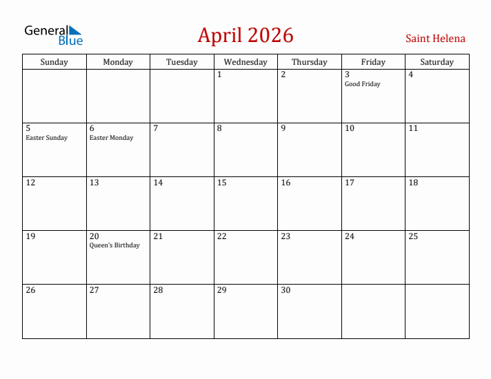 Saint Helena April 2026 Calendar - Sunday Start