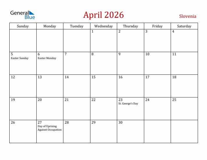 Slovenia April 2026 Calendar - Sunday Start