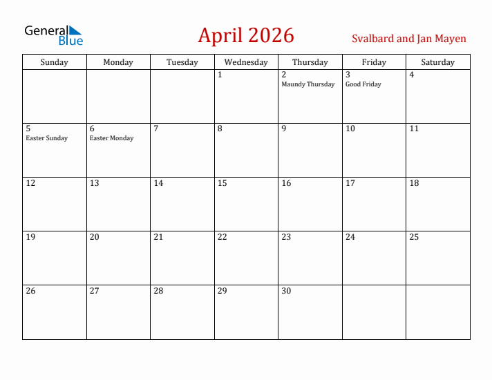 Svalbard and Jan Mayen April 2026 Calendar - Sunday Start