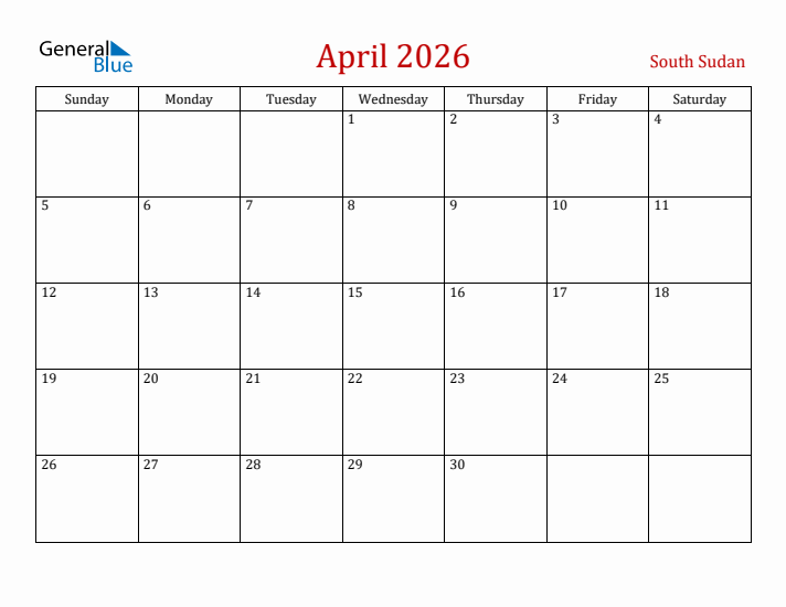 South Sudan April 2026 Calendar - Sunday Start