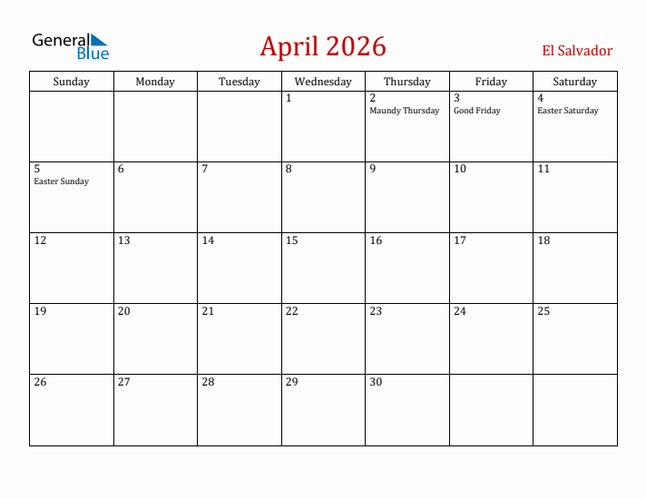El Salvador April 2026 Calendar - Sunday Start