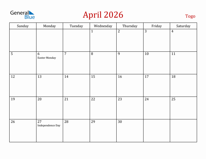 Togo April 2026 Calendar - Sunday Start