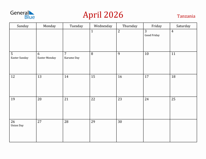 Tanzania April 2026 Calendar - Sunday Start