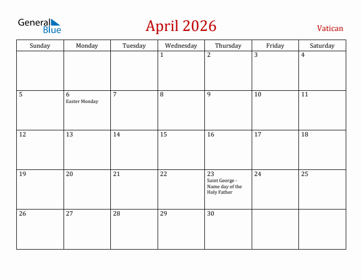 Vatican April 2026 Calendar - Sunday Start