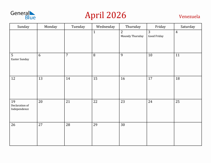 Venezuela April 2026 Calendar - Sunday Start