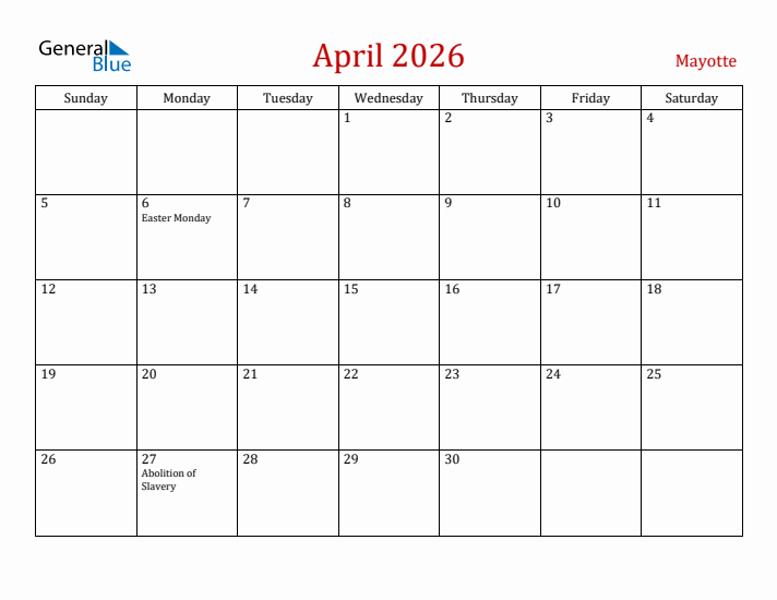 Mayotte April 2026 Calendar - Sunday Start