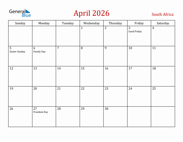 South Africa April 2026 Calendar - Sunday Start