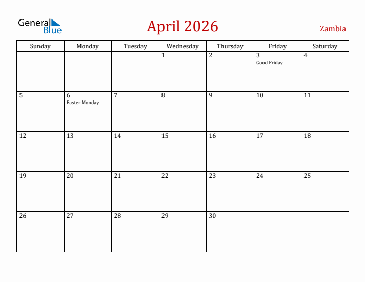 Zambia April 2026 Calendar - Sunday Start