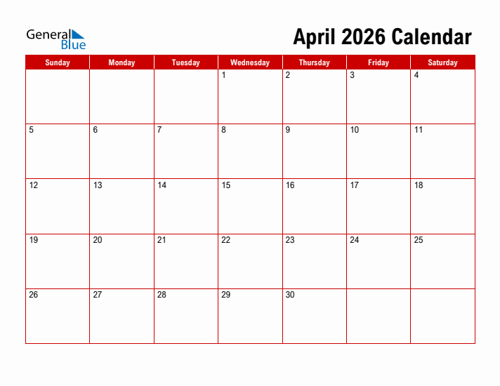Simple Monthly Calendar - April 2026
