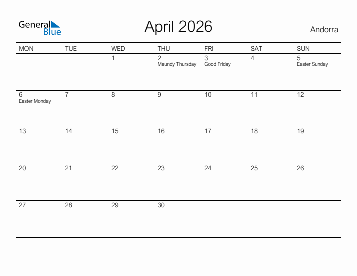 Printable April 2026 Calendar for Andorra