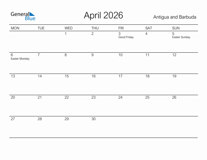 Printable April 2026 Calendar for Antigua and Barbuda