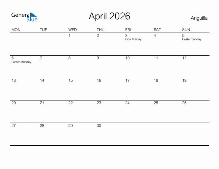 Printable April 2026 Calendar for Anguilla