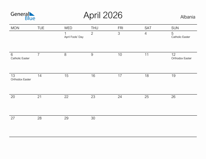 Printable April 2026 Calendar for Albania
