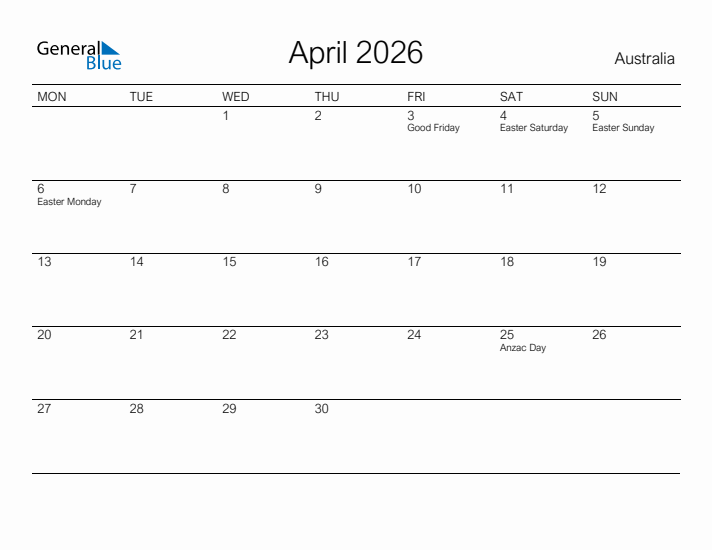 Printable April 2026 Calendar for Australia