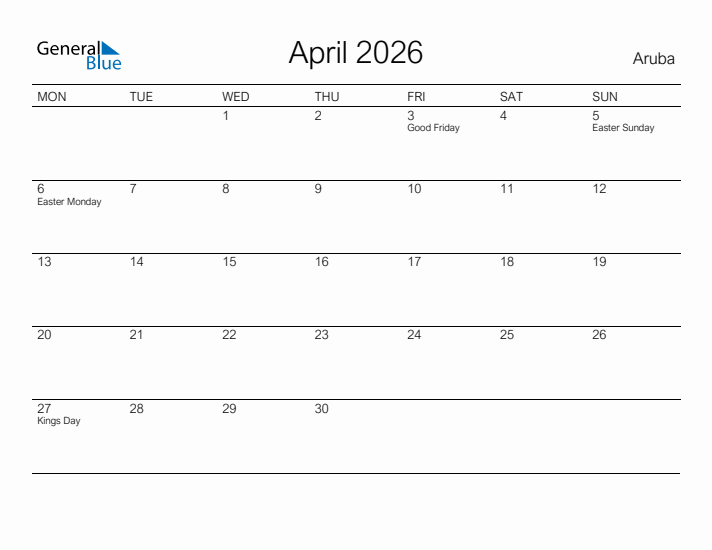 Printable April 2026 Calendar for Aruba