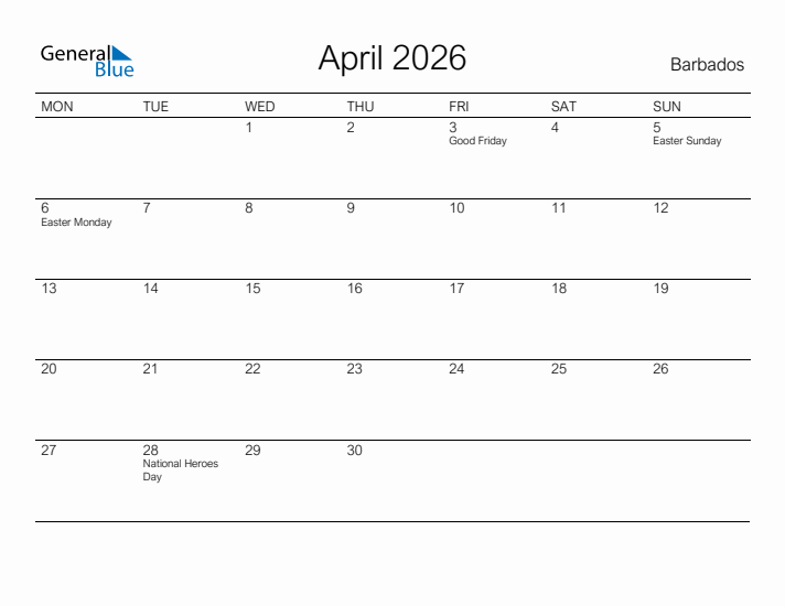 Printable April 2026 Calendar for Barbados